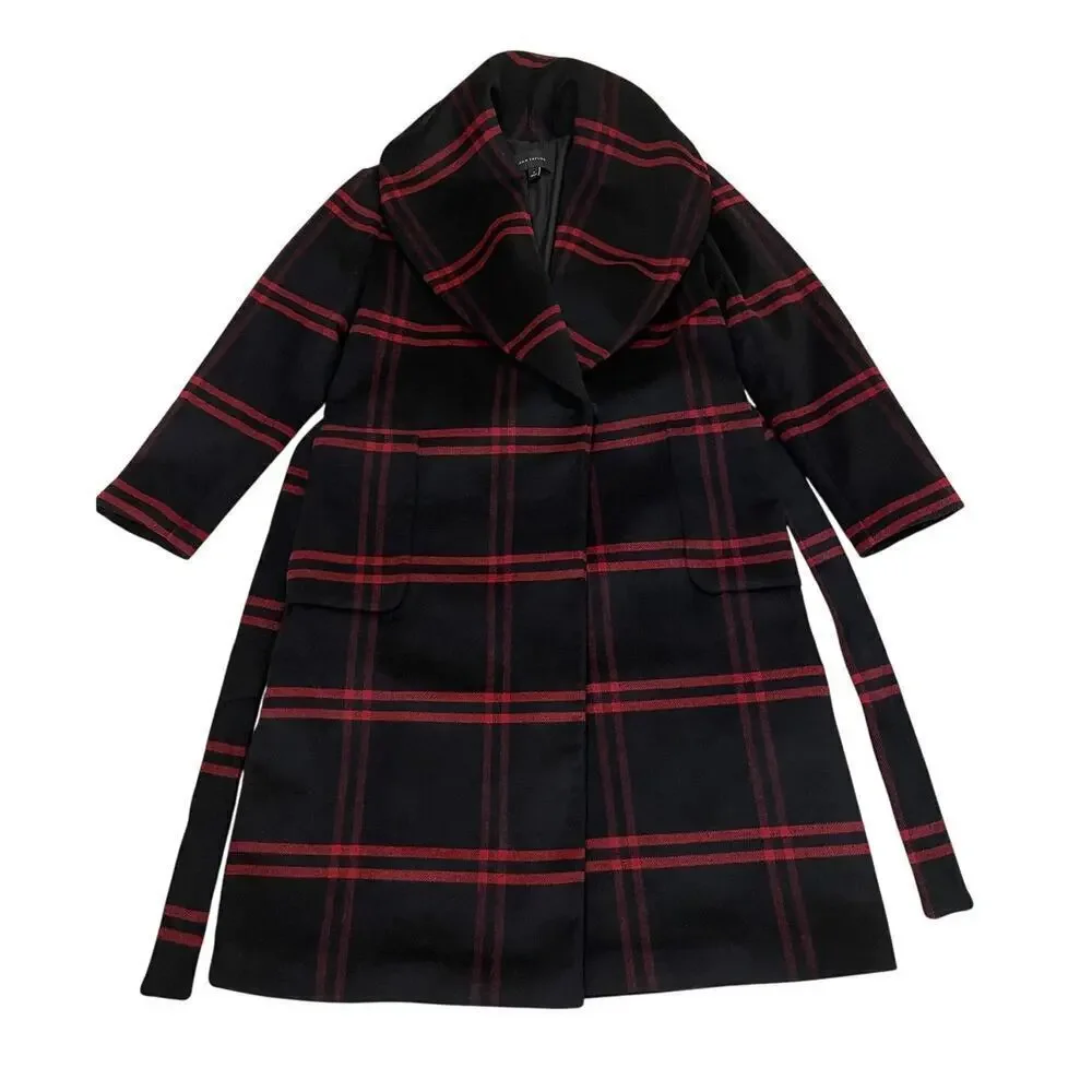 Ann Taylor Wool Blend Plaid Long Coat | Double Breasted Black Gray Red NWOT $300